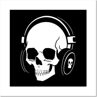 Skull With Headphones, Black and White | Listening Music Posters and Art